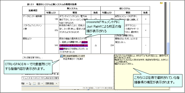 図2.3.1 Just Right!を用いた文章校正支援機能の例（crossnoteドキュメント中に指摘される）<br/>